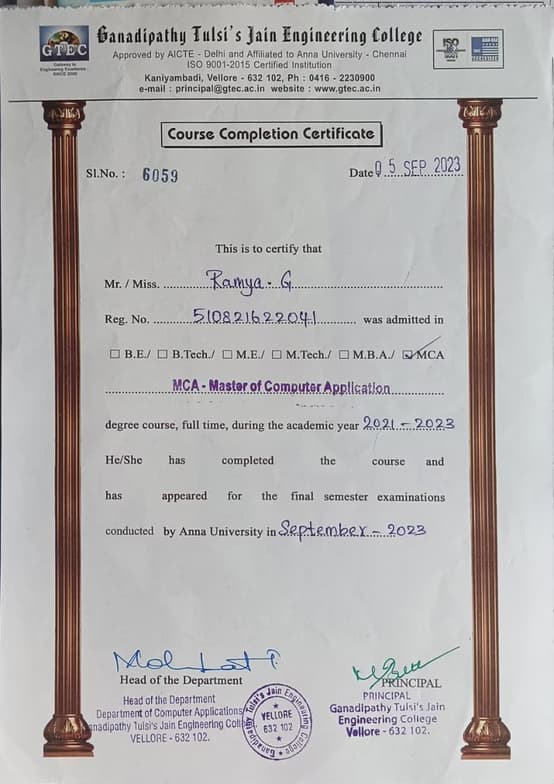 Verified degree or teaching certification of Ramya 