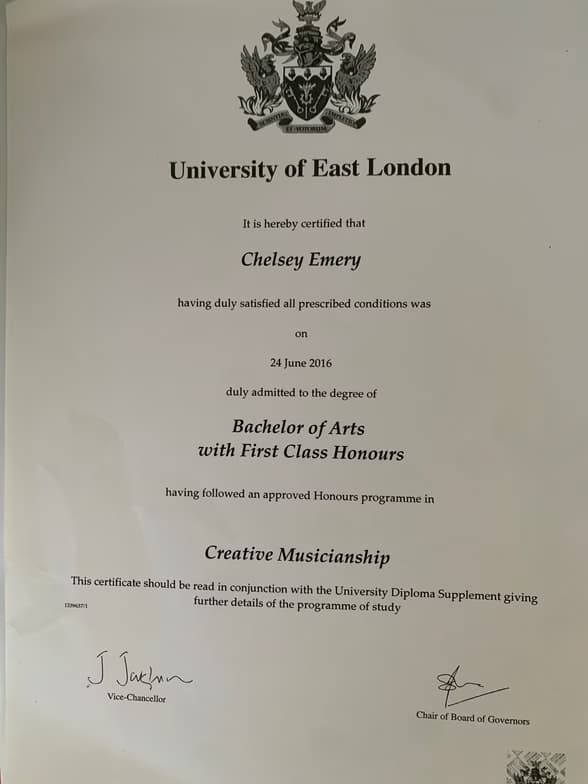 Verified degree or teaching certification of Chelsey  