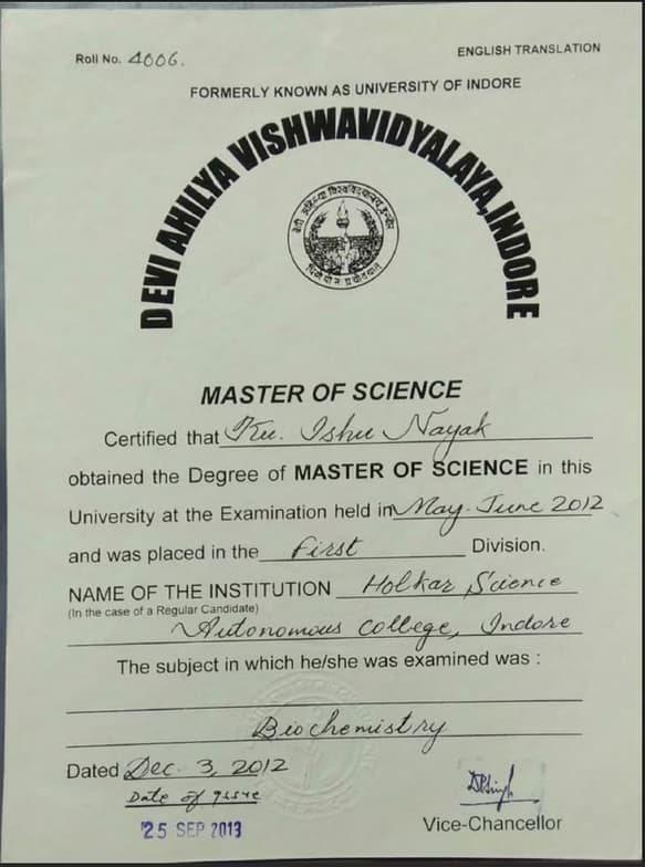 Verified degree or teaching certification of Eshu 