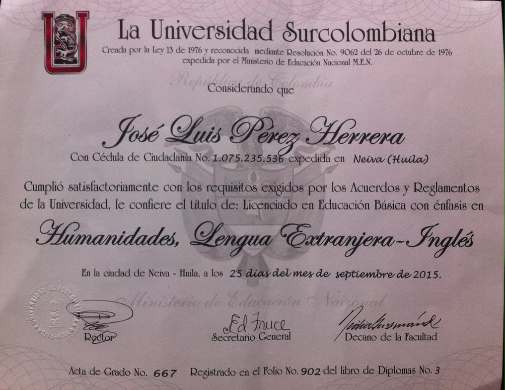 Verified degree or teaching certification of Jose 