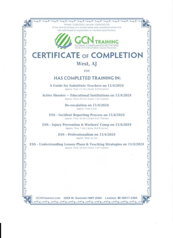 Verified degree or teaching certification of AJ 