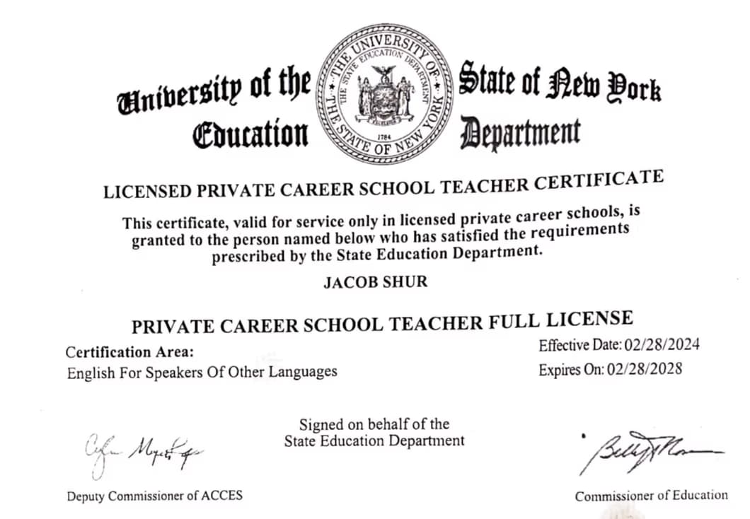 Verified degree or teaching certification of Jacob 