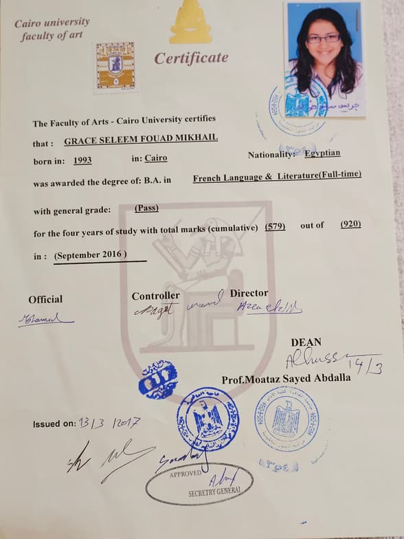 Verified degree or teaching certification of Grace 