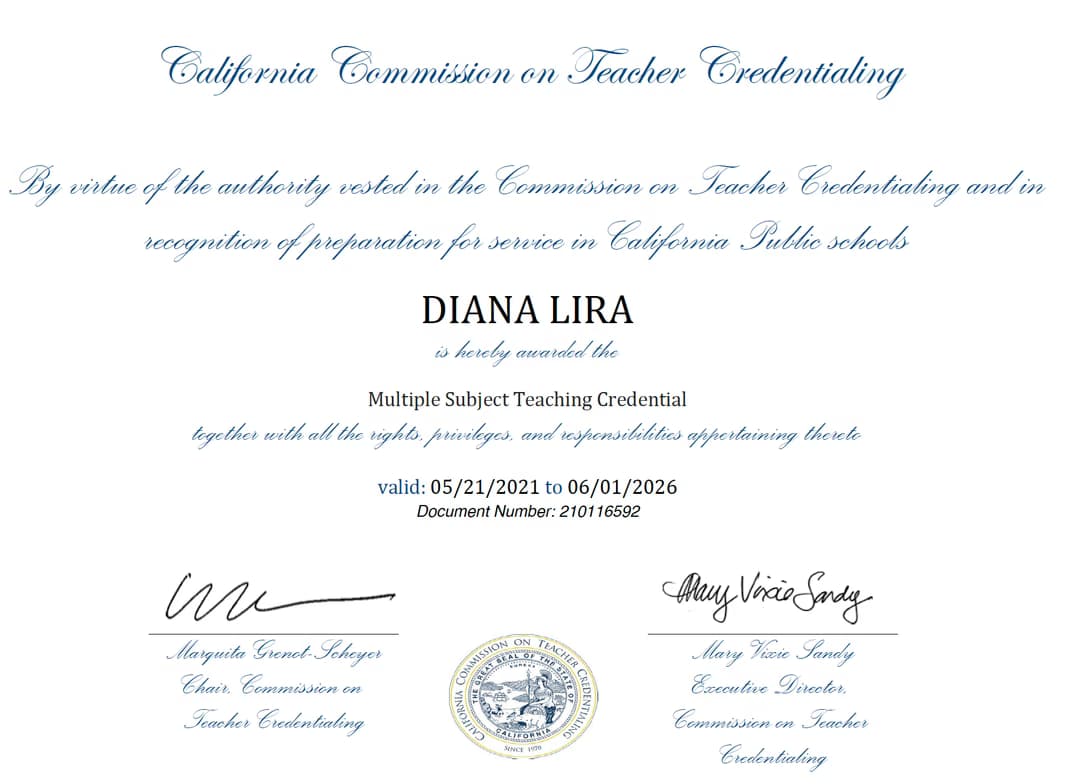 Verified degree or teaching certification of Diana  