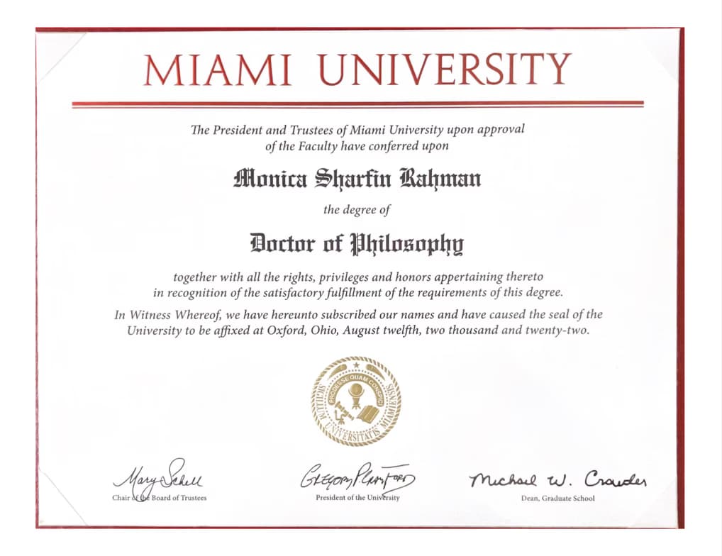 Verified degree or teaching certification of Monica 