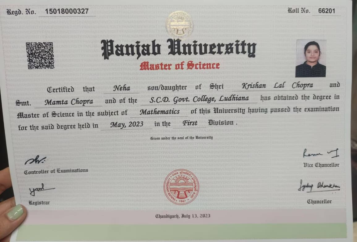 Verified degree or teaching certification of Neha 