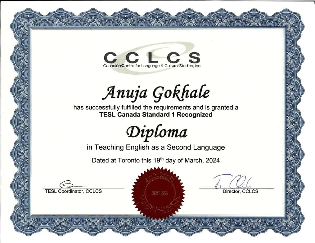 Verified degree or teaching certification of Anuja 