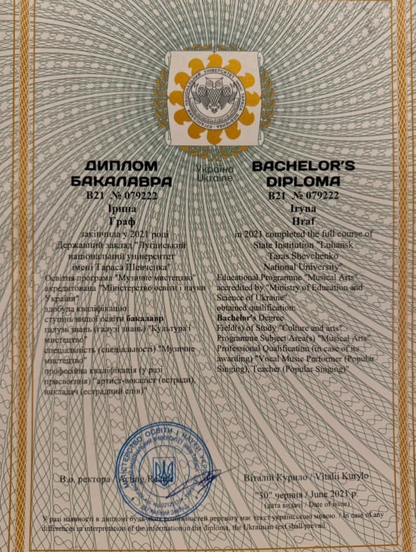 Verified degree or teaching certification of Iryna 