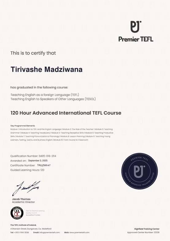 Verified degree or teaching certification of Tirivashe
