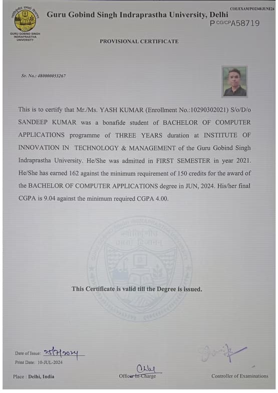 Verified degree or teaching certification of Yash 