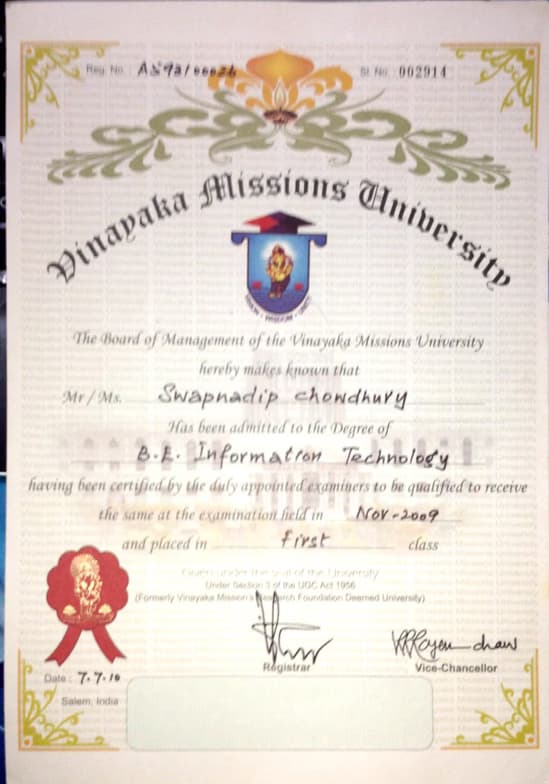 Verified degree or teaching certification of Swapnadip 