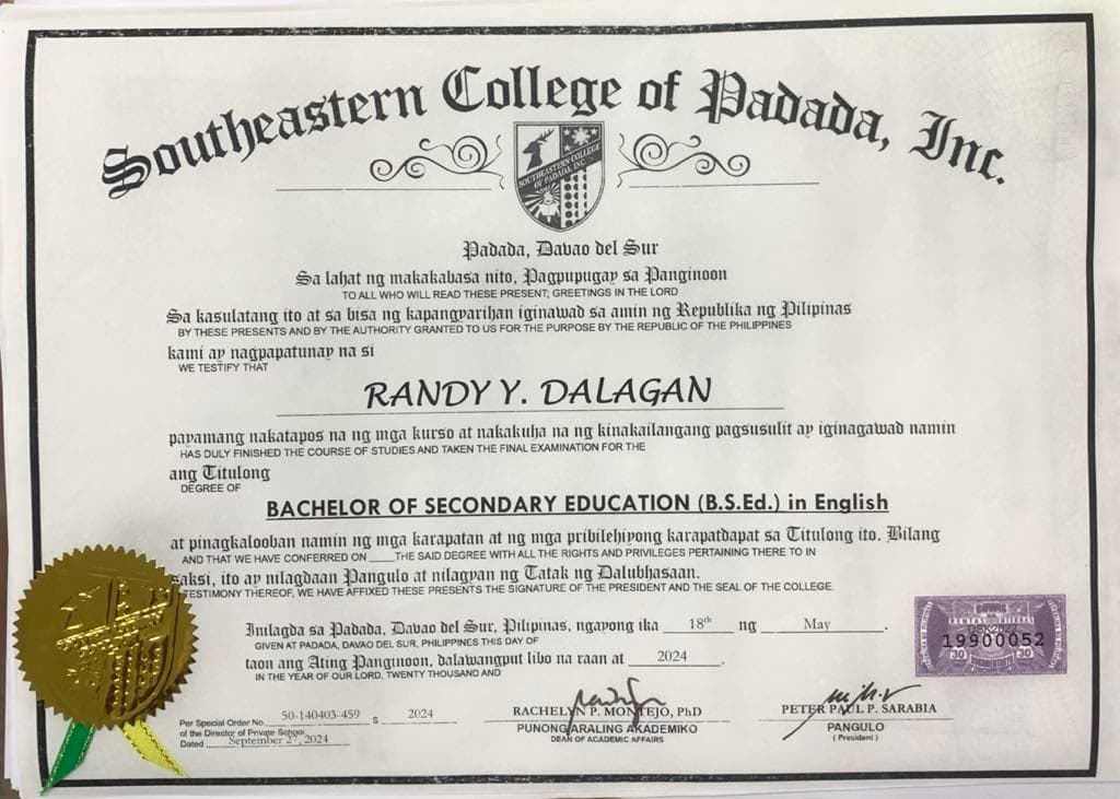 Verified degree or teaching certification of Randy  