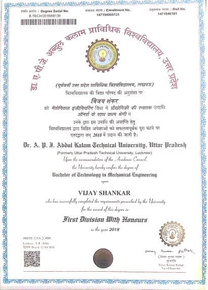 Verified degree or teaching certification of Vijay 