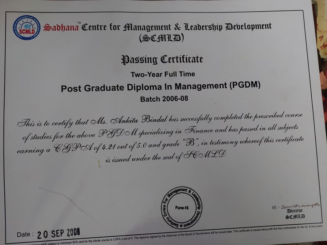 Verified degree or teaching certification of Ankita