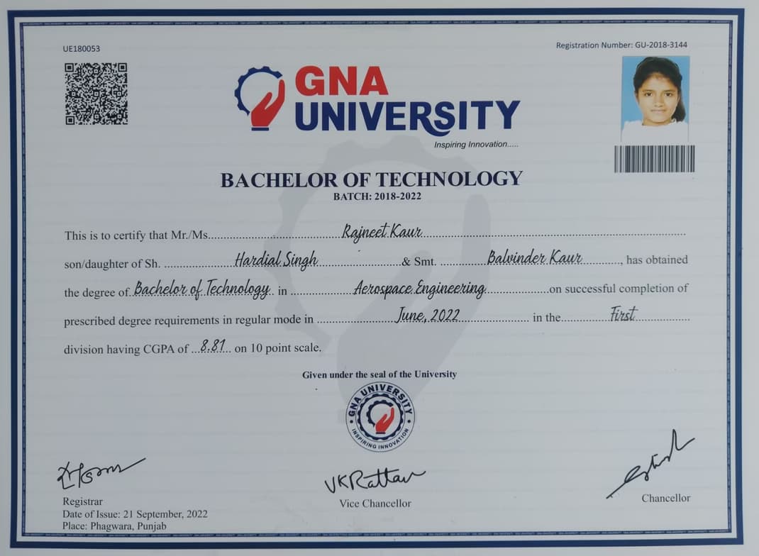 Verified degree or teaching certification of Rajneet 