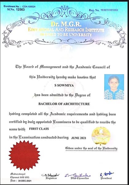 Verified degree or teaching certification of SOWMIYA 