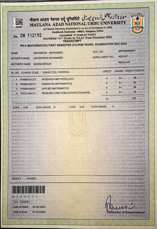 Verified degree or teaching certification of Mahaboob  