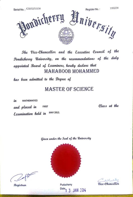 Verified degree or teaching certification of Mahaboob  