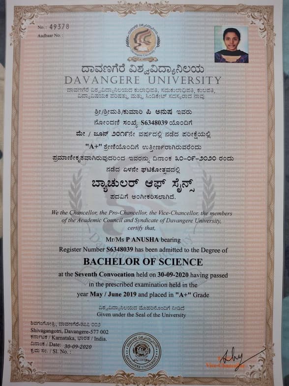 Verified degree or teaching certification of Anusha 