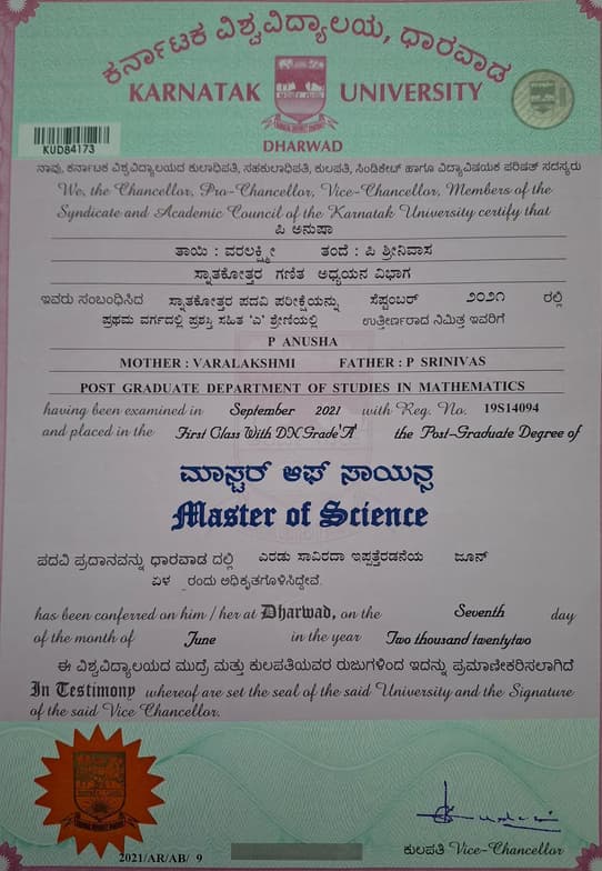 Verified degree or teaching certification of Anusha 
