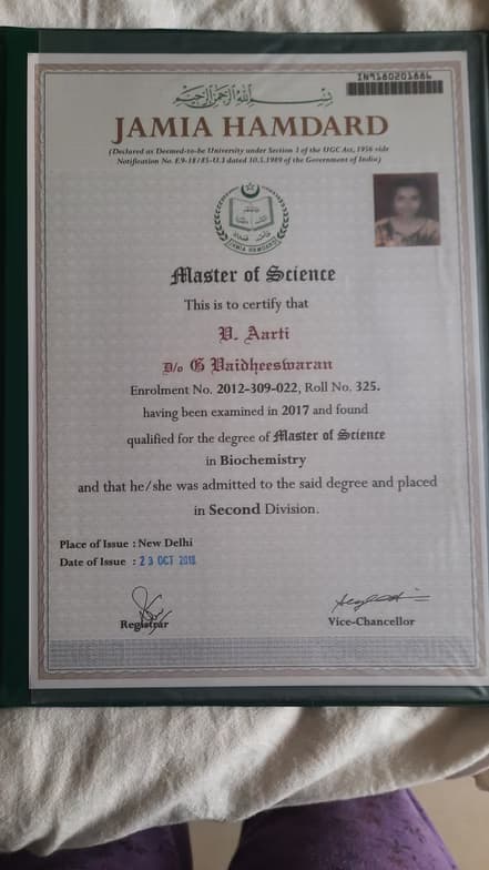 Verified degree or teaching certification of V AARTI 