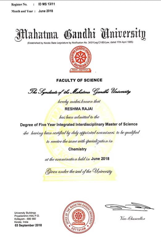 Verified degree or teaching certification of Reshma  