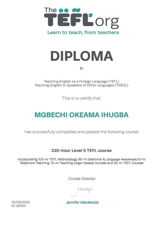 Verified degree or teaching certification of Mgbechi 