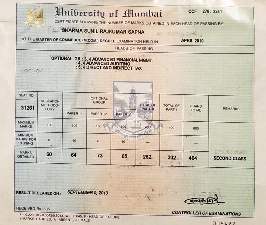 Verified degree or teaching certification of Suunil 