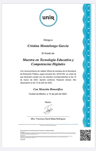 Verified degree or teaching certification of Cristina