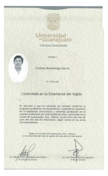 Verified degree or teaching certification of Cristina
