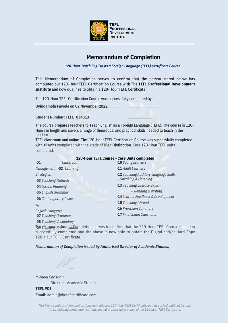 Esther graduated from Caleb University