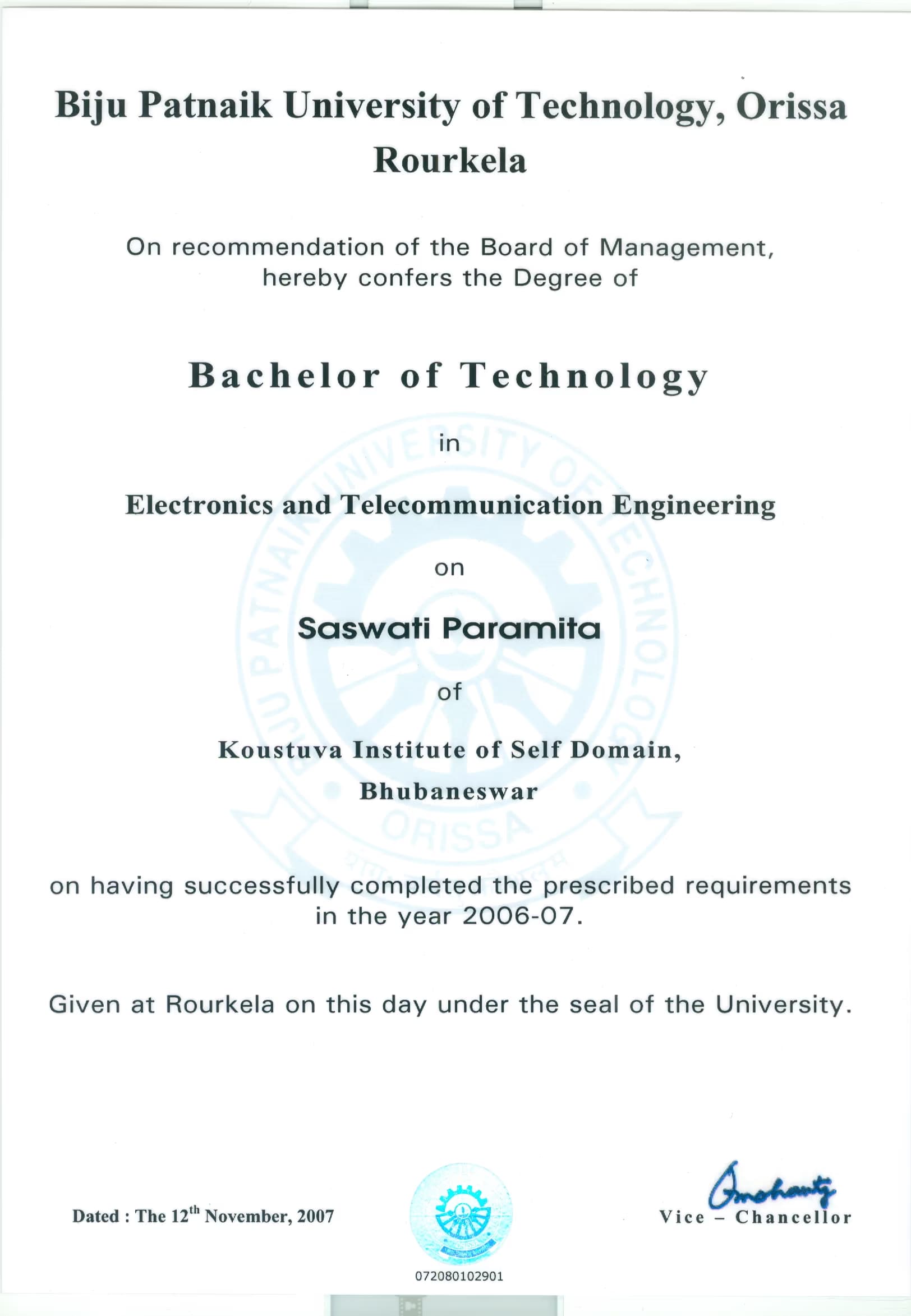 saswati graduated from Bijupatnaik University, Odisha