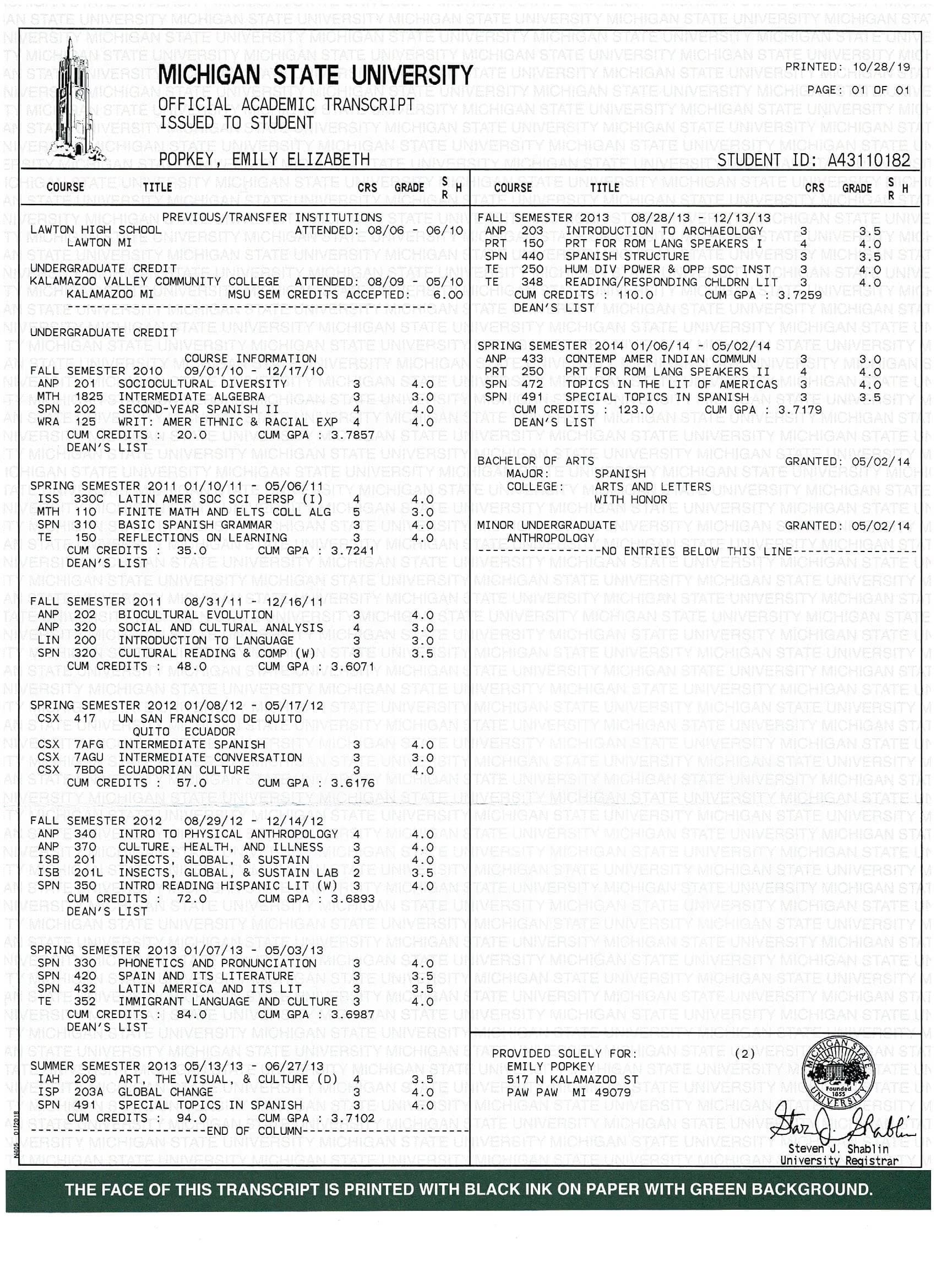 Emily graduated from Michigan State University