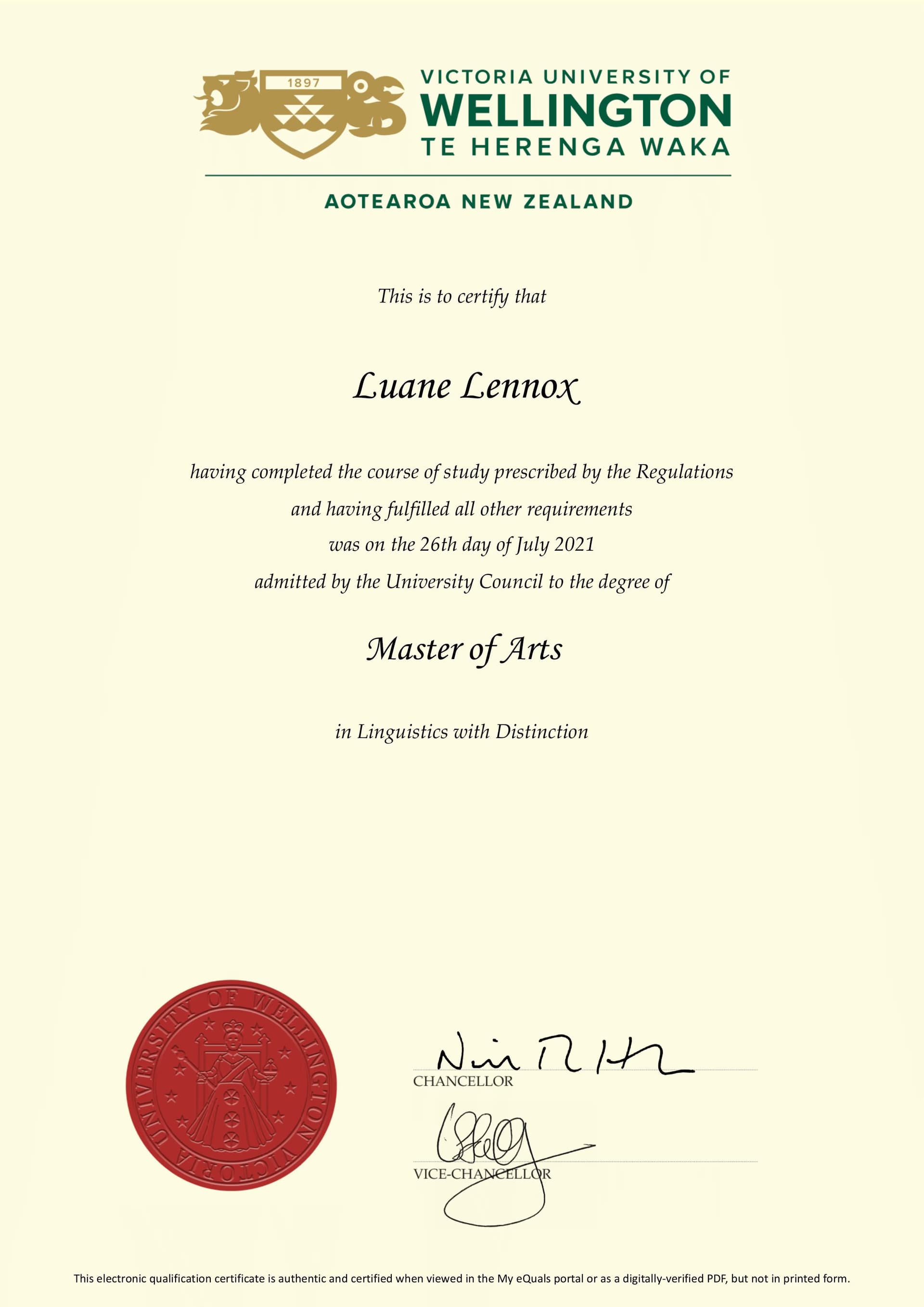 Luané graduated from Victoria University of Wellington