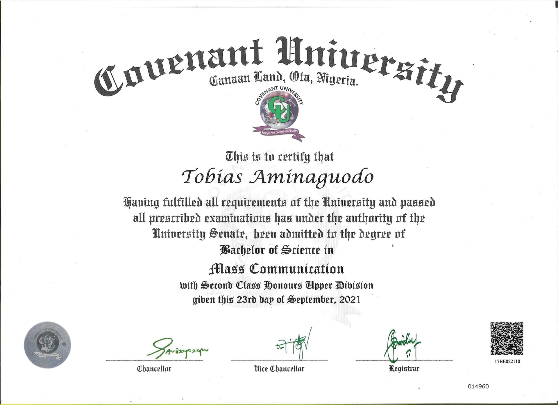 Aminaguodo graduated from Covenant University