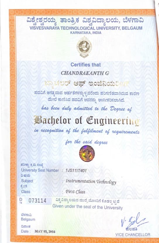 Chandrakanth graduated from Visvesvaraya Technological University