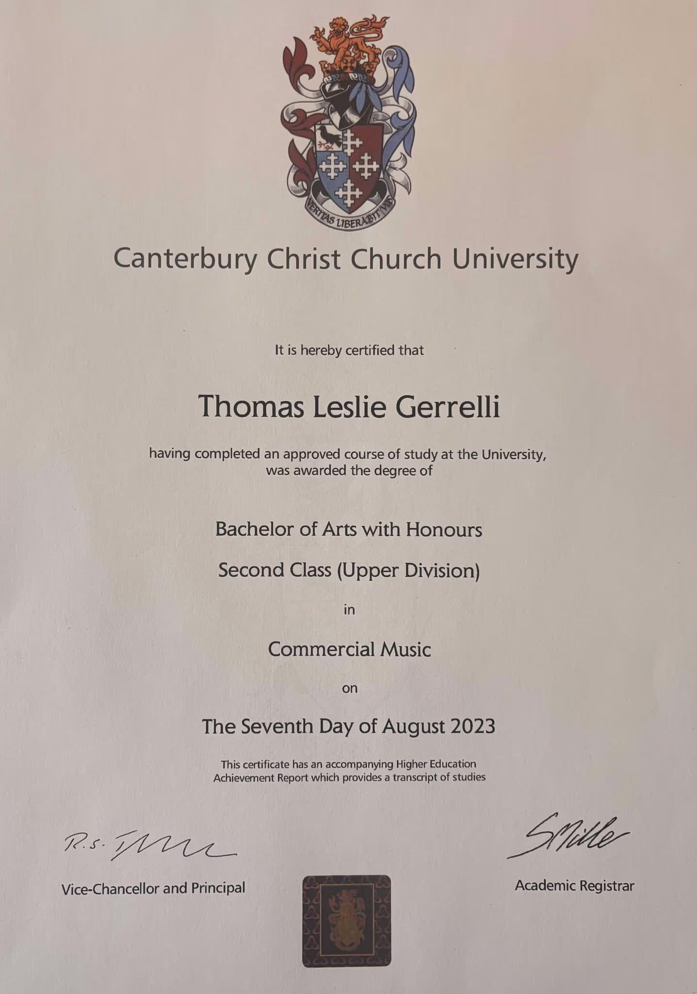 Thomas graduated from Canterbury Christ Church University
