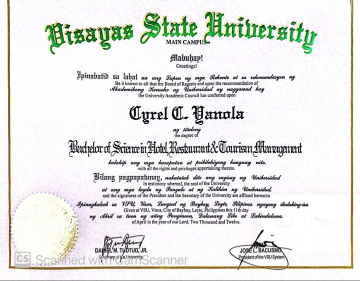 Cyrel graduated from Visayas State University