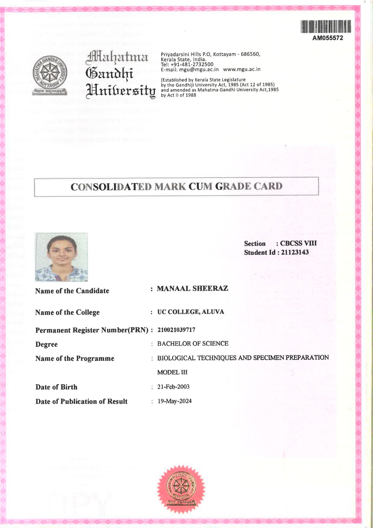 manaal graduated from mahatma gandhi university, kottayam