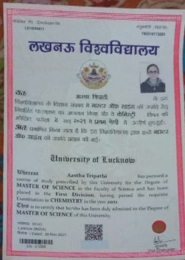 AASTHA graduated from UNIVERSITY OF LUCKNOW