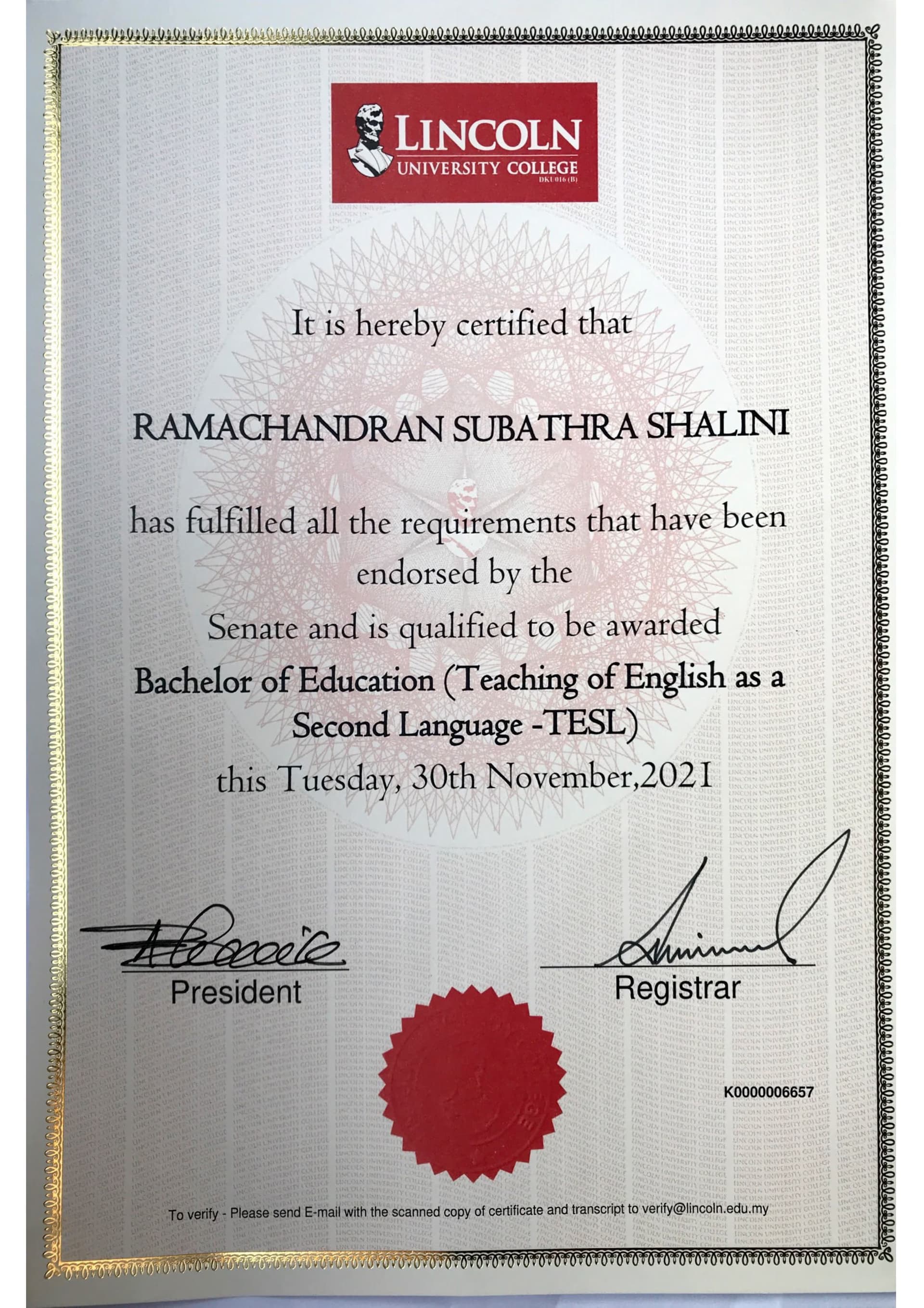 Subathra graduated from Lincoln University College, Malaysia