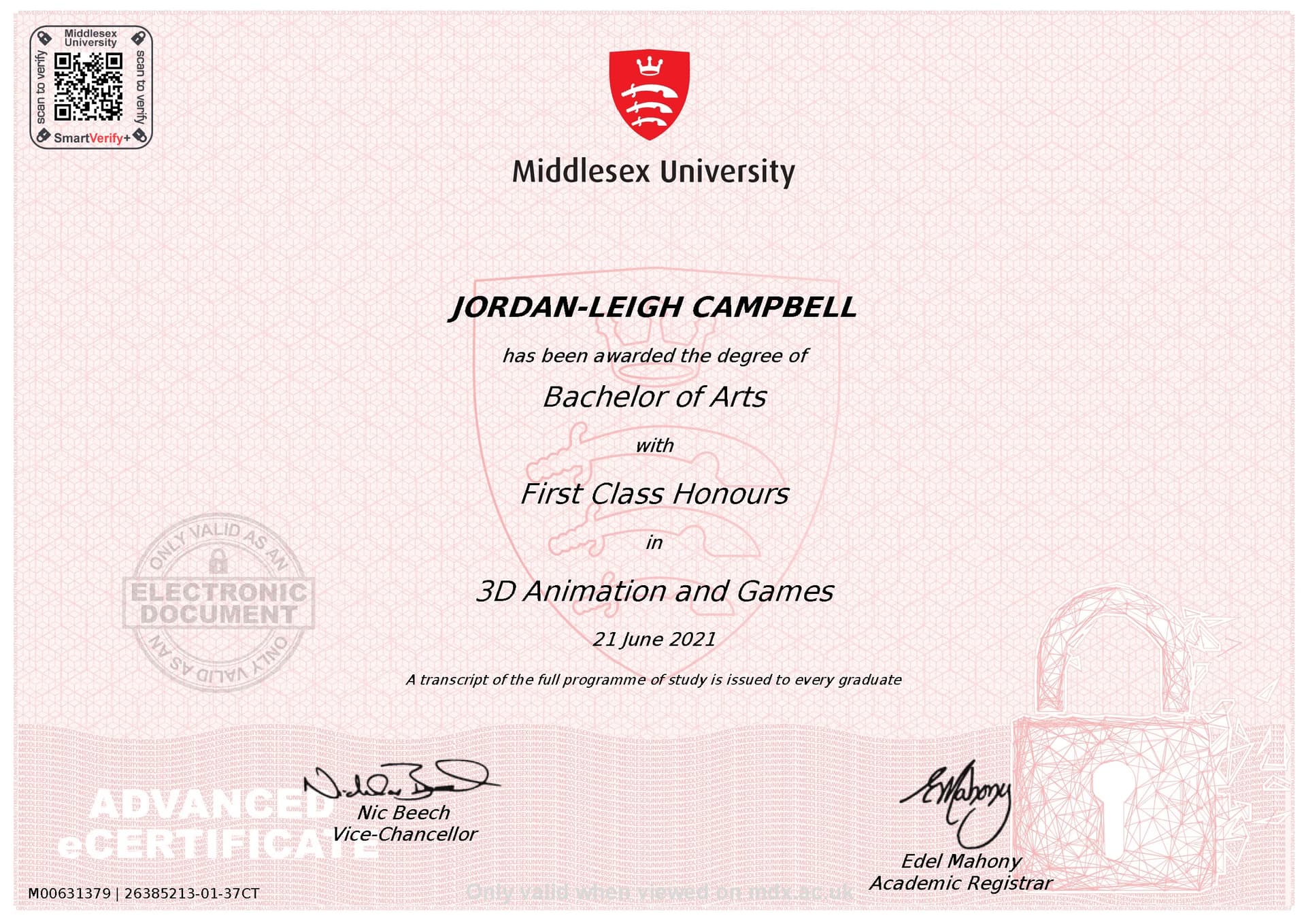Jordan-Leigh graduated from Middlesex University