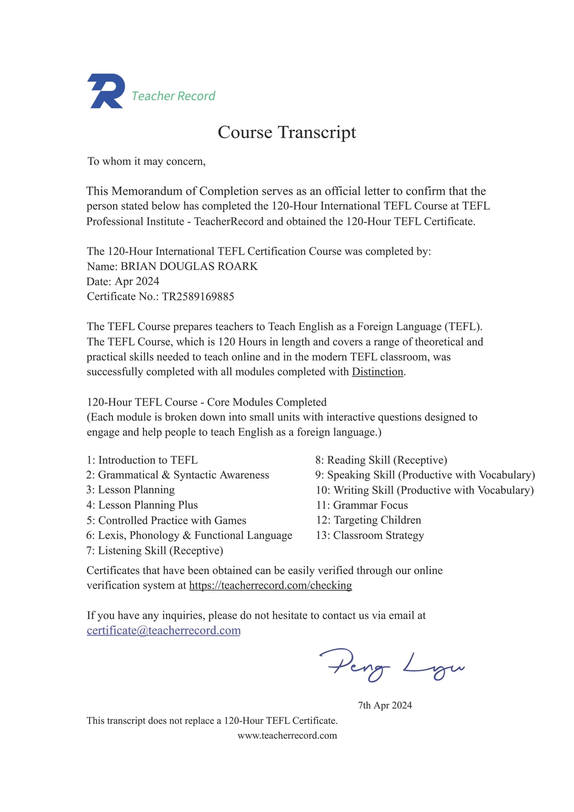 brian graduated from TeachersReport