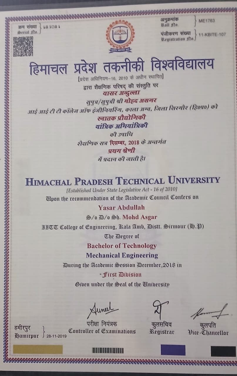Yasar graduated from Himachal Pradesh Technical University
