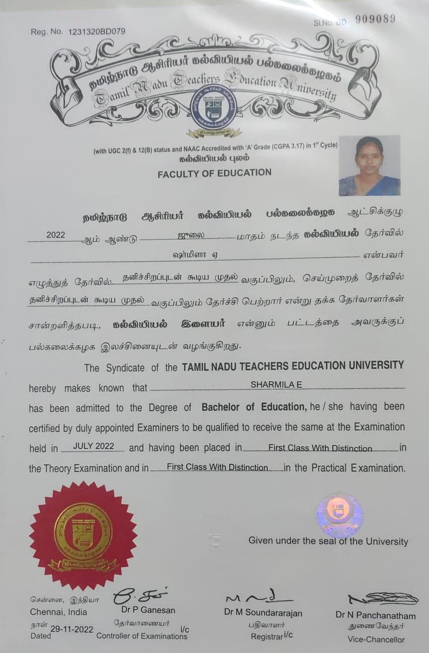sharmila graduated from Madras Christian College