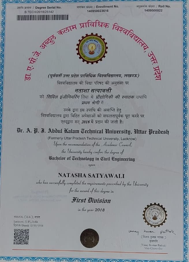 Natasha graduated from DR APJ ABDUL KALAM TECHNICAL UNIVERSITY