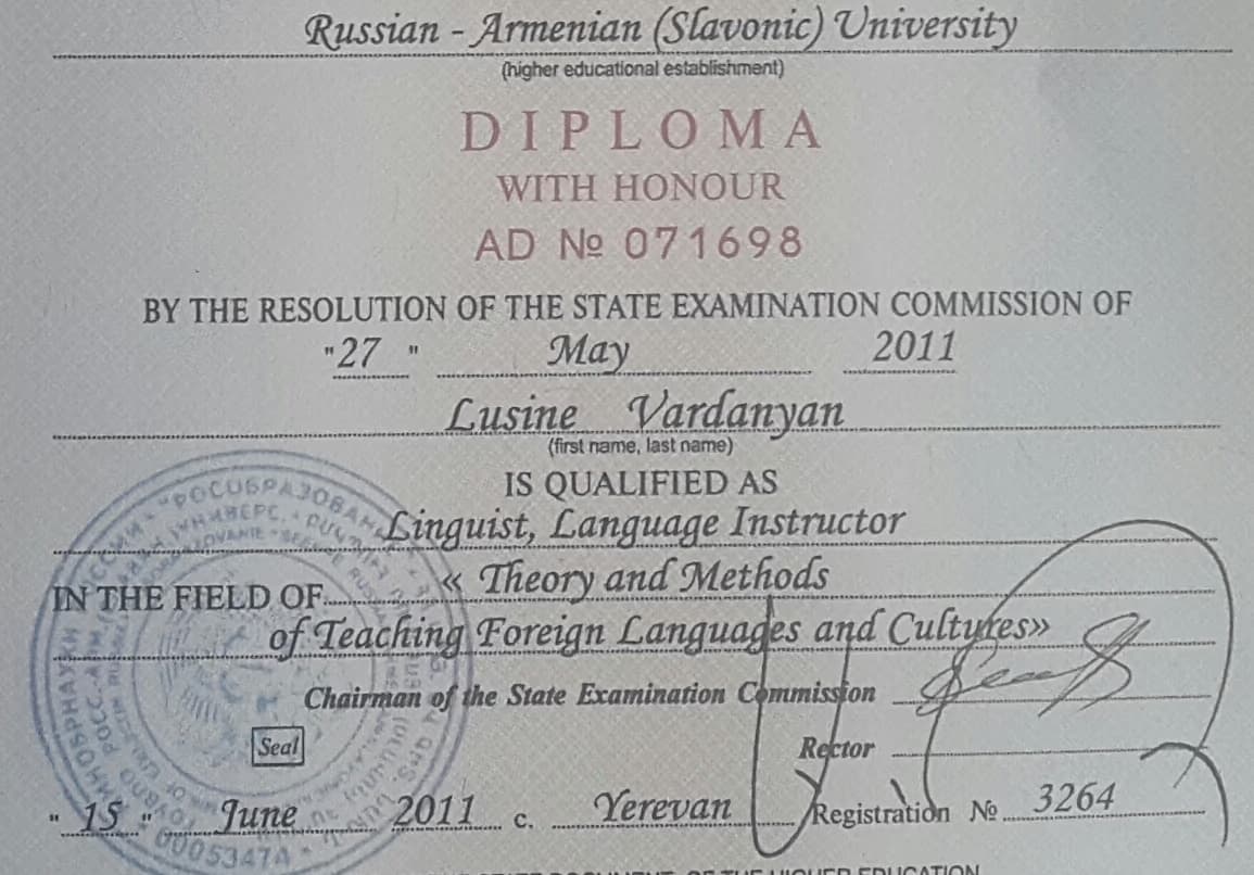 Lusine graduated from Slavonic State University