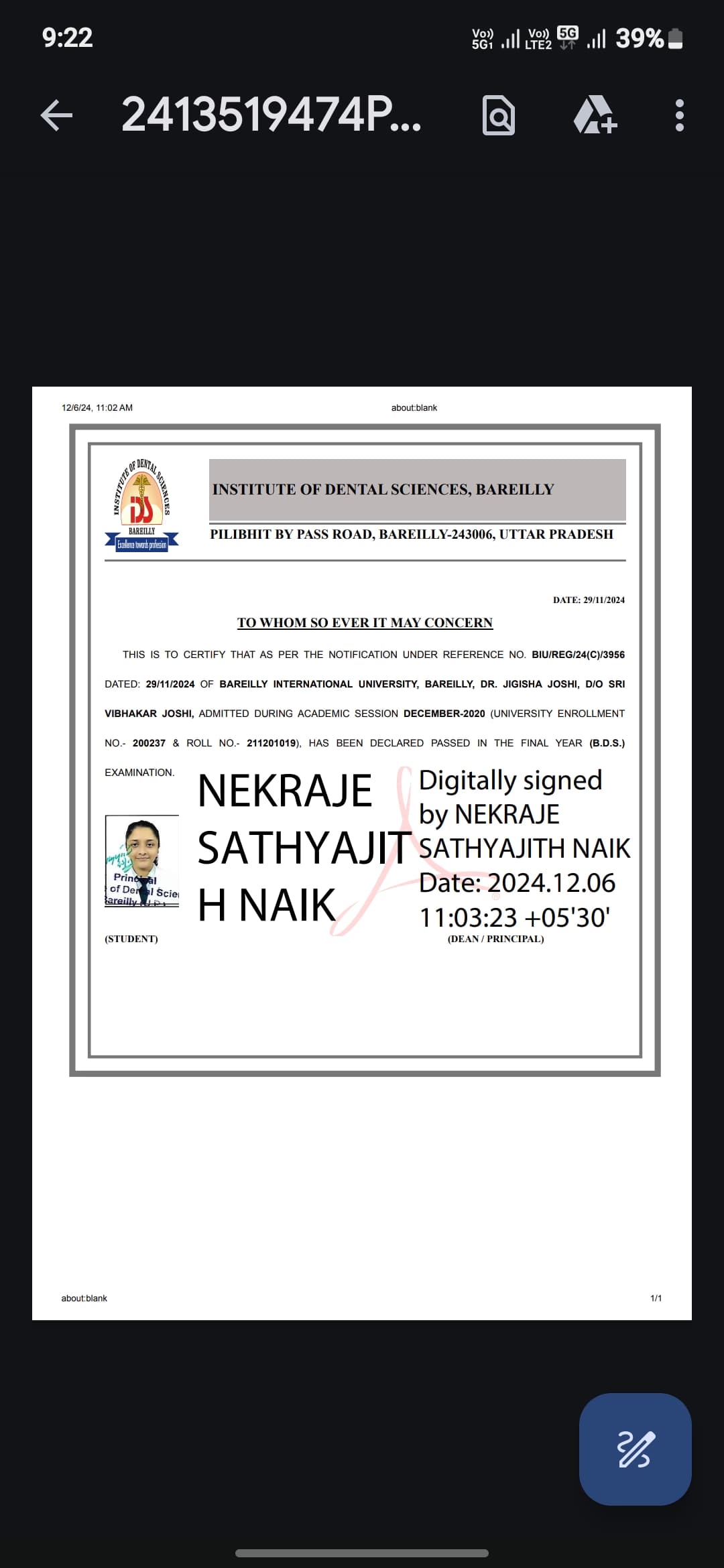 Dr.Jigisha Joshi  graduated from Institute of dental sciences