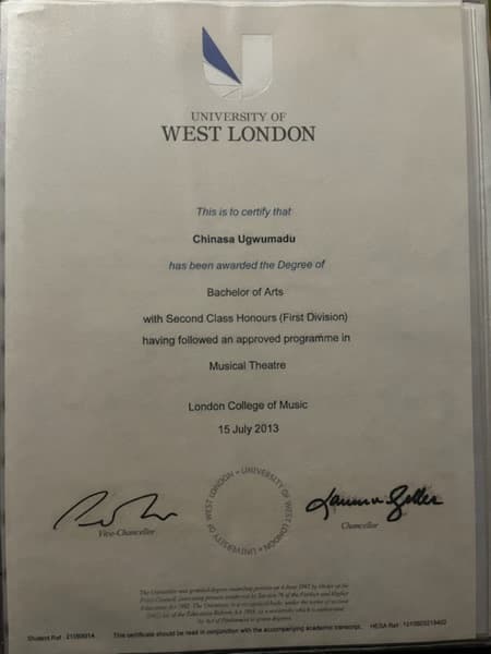 Chinasa  graduated from London College of Music/ University of West London 