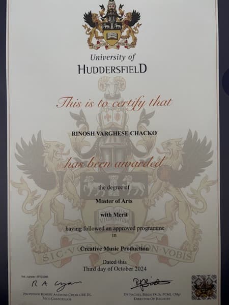 Rinosh graduated from University of Huddersfield